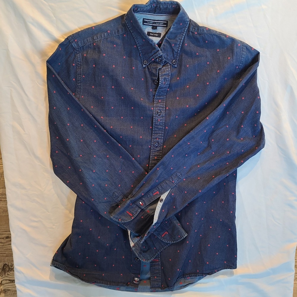 Tommy Hilfiger Indigo Medium Long Sleeve Button Up Shirt Medium Red Star Details